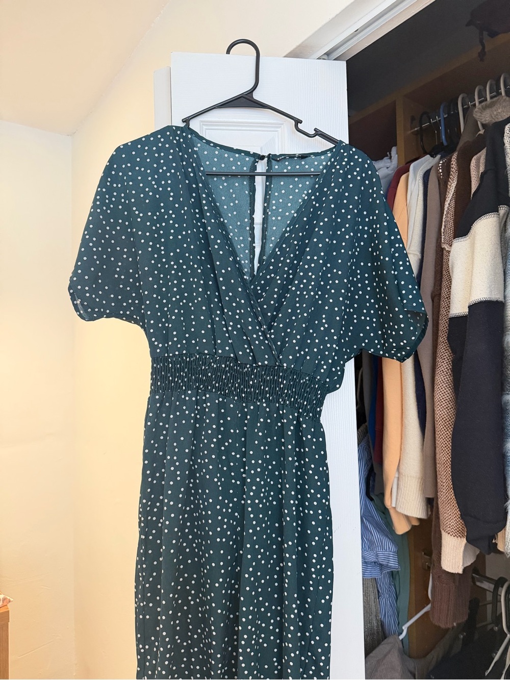 SHEIN Dark Green Polka Dot V-Neck Midi Dress